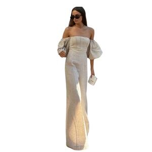 Commense Off-Shoulder Wide Leg Jumpsuit in Light Beige